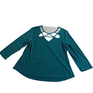 Cato Green 3/4 Sleeve Blouse Strappy Cutout Neck Top Women Size L Casual Work
